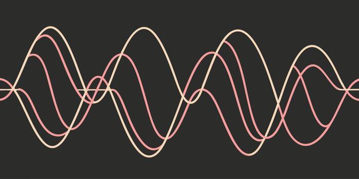Three sinusoidal waves with different amplitudes and phases, one in pale yellow and two in light pink, on a dark gray background vector
