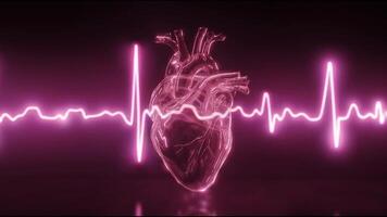 A glowing pink anatomical heart pulses at the center, surrounded by a vibrant heartbeat waveform on a dark background, symbolizing life, energy, and the rhythm of existence. video