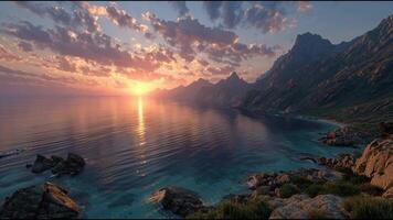 A breathtaking sunrise illuminates a tranquil coastline, with soft waves reflecting the golden light. Rugged mountains frame the horizon under a sky painted in pastel hues and drifting clouds. video
