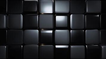 A modern arrangement of glossy black cubes with subtle reflections, creating a striking geometric pattern. The minimalistic design evokes sophistication and futuristic style in a sleek composition. video