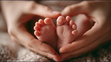 A close-up of gentle adult hands forming a heart shape around the tiny feet of a newborn baby, symbolizing love, care, and the precious bond between parent and child in soft natural light. video