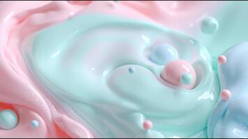 A mesmerizing close-up of pastel blue and pink liquid swirls, blending together in a smooth, creamy flow. Subtle bubbles and droplets, dynamic movement and depth, evoking a soft, dreamlike aesthetic. video