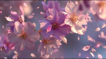 Delicate cherry blossom flowers in soft pink tones gently float on a spring breeze, with petals swirling through the air, set against a dreamy, pastel-colored background. video