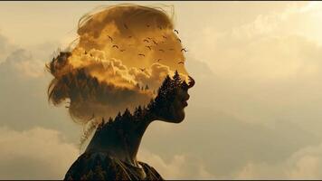 A poetic double exposure of a woman's silhouette merging with a forest and sky, symbolizing the deep connection between humanity and nature, with birds in flight evoking freedom and tranquility. video
