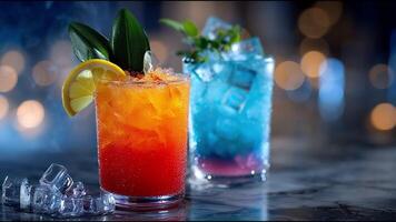 Vibrant, refreshing cocktails served on a marble table. One drink glows orange with lemon and leaves, the other shines blue with mint, both topped with ice. Perfect for a summer celebration. video