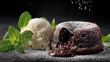 A decadent chocolate lava cake with rich molten center is paired with a scoop of vanilla ice cream and garnished with fresh mint leaves. Powdered sugar sprinkles complete this elegant dessert scene. video