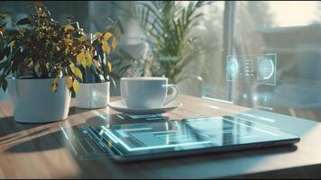 A sunlit workspace with a laptop, cup of coffee, and potted plants on a wooden desk. The environment blends natural light, greenery, and technology, creating a calm, productive atmosphere. video
