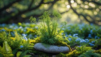 Green Plant Growing on Stone in Forest with Blue Flowers photo