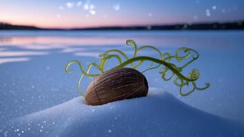 Seedling on Snowy Field at Dusk with Water and Sky Backdrop photo