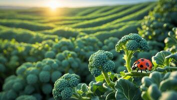 Ladybug on Broccoli Plants Growing in Farm Field at Sunrise photo