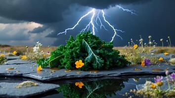 Kale on Stone Slab with Lightning Storm Backdrop and Flower Decoration photo
