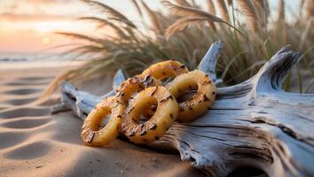 Grilled Pineapple Rings on Driftwood at Sunset Beach Enjoying Vacation photo