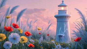 Lighthouse Among Flowers and Grass with Pastel Sky Peaceful Scene photo
