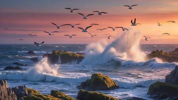 Seagulls Flying Over Rocky Coastline As Waves Crash at Sunset photo