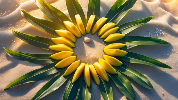 Arranging Mango Slices and Green Leaves Creating a Floral Pattern on Sand photo