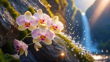Orchid Flowers and Waterfall Scene with Water Droplets on Rocks photo