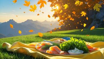 Picnic with Salmon in Autumn Scenery on Green Grassy Hill photo