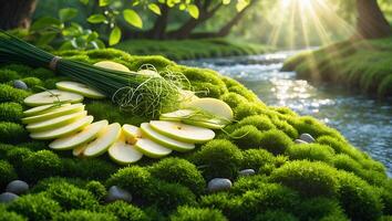 Green Apples Sliced Near Creek on Mossy Hill in Sunlight photo