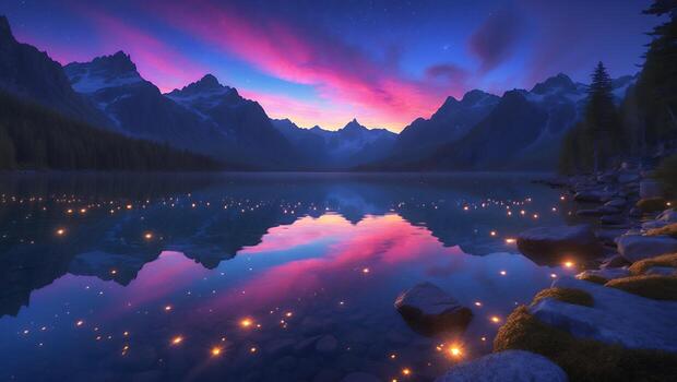 Lake Reflecting Mountains and Colorful Sky at Dusk with Glowing Lights photo