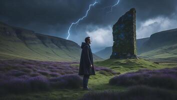 Standing Man Views Ancient Structure with Lightning in Mountainous Landscape photo