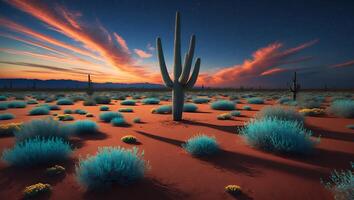 Cactus Standing Tall in Desert Landscape Under Dramatic Sunset Sky photo