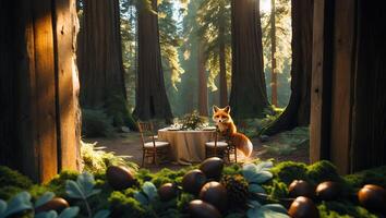 Fox at Outdoor Dining Table in a Lush Forest Setting photo