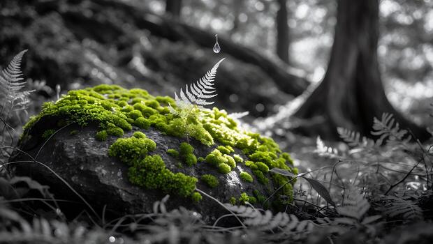 Mossy Rock in Forest with Ferns and Water Drop Highlighted photo