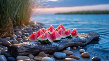Watermelon Slices on Driftwood by the Water at Dusk photo
