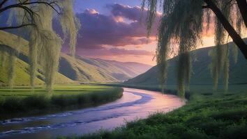 River Flowing Through Green Valley at Sunset with Willow Trees photo