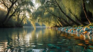 Still River Flowing Through Willow Trees at Calm Sunset Hour photo