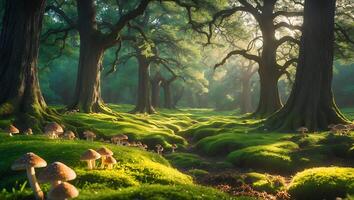 Exploring Enchanted Forest Path with Moss, Trees, and Mushrooms photo