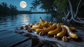 Bananas with Caramel and Nuts by a Lake Under Moonlight photo