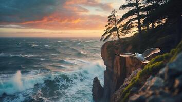 Seagull Flying Over Cliffside Waves at Sunset Coastal Landscape photo