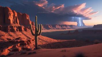 Standing Cactus in Desert Landscape with Stormy Sky and Lightning photo
