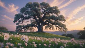Majestic Tree Standing in a Field of Flowers at Sunset photo