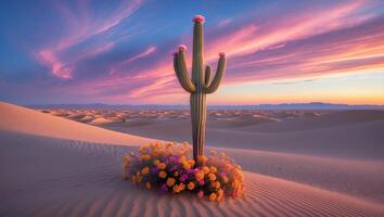 Cactus Blooming in Desert at Sunset with Colorful Sky and Sand photo