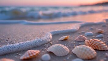 Seashells on Sandy Beach with Gentle Wave at Soft Sunset photo