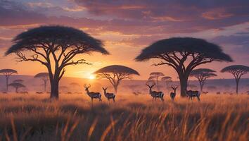 Antelope Grazing in Savannah at Sunset Under Acacia Trees photo