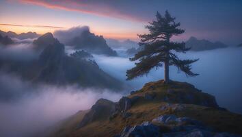 Lone Tree on Mountain Peak Overlooking Valley Filled with Fog at Dusk photo