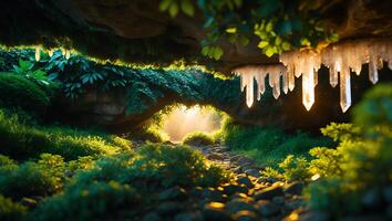 Walking Through Enchanted Forest Cave Tunnel Lit by Bright Sunlight photo