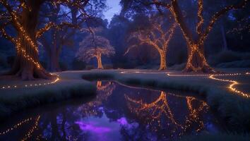 Illuminated Trees Reflecting in Water Creating a Magical Nighttime Scene photo