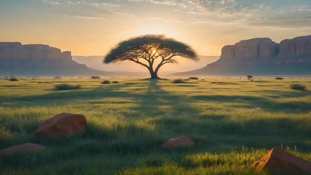 Lone Tree Silhouetted in Grassy Field at Sunset with Distant Mountains photo
