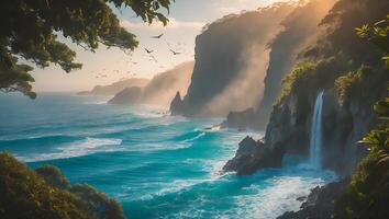 Waterfall Flowing on Tropical Coastline with Birds Flying Above the Ocean photo