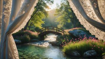Viewing Picturesque Bridge and River Scene Through Delicate Lace Curtains photo