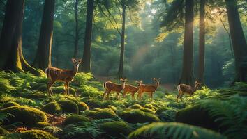 Deer Family Standing in a Sunlit Forest with Green Vegetation photo
