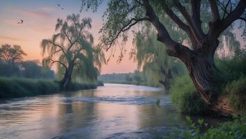 River Flowing Past Willow Trees at Dusk with Soft Reflections photo