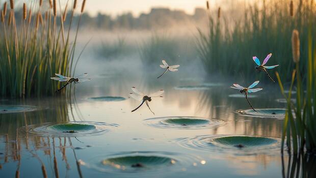 Dragonflies Hovering Above Misty Pond with Lily Pads and Reeds photo