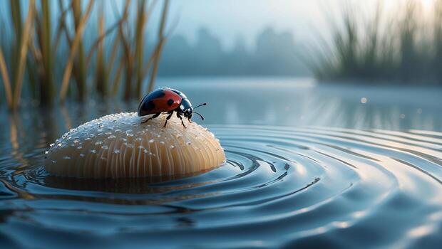 Ladybug Resting on Mushroom in Water with Reflections and Reeds photo