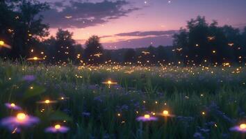 Fireflies Glowing Over Meadow at Dusk Creates Magical Evening Ambiance photo