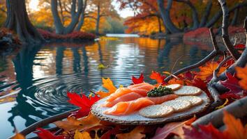 Salmon Appetizer with Crackers by Lake Surrounded with Autumnal Leaves photo
